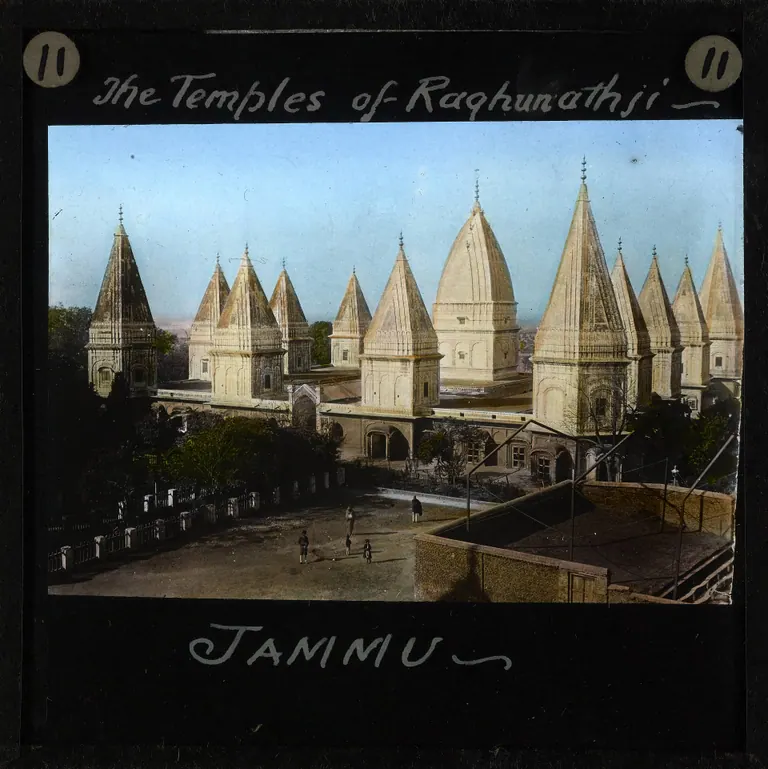Historical photograph of the spired temples of the Raghunath complex in Jammu