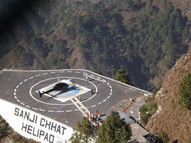 The marked helipad at Sanjichhat on the Vaishno Devi route seen from above, with the words Sanji Chhat Helipad painted on it